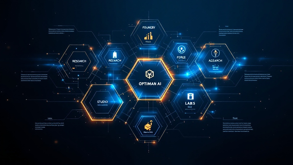 An elegant dark-background brand ecosystem diagram rendered as glowing interconnected hexagonal nodes labelled Foundry, Forge, Research, Agents, Studio, Launch and Labs, arranged around a central Optiman AI core node, all in electric blue and burnished gold with subtle light flare effects, premium infographic aesthetic