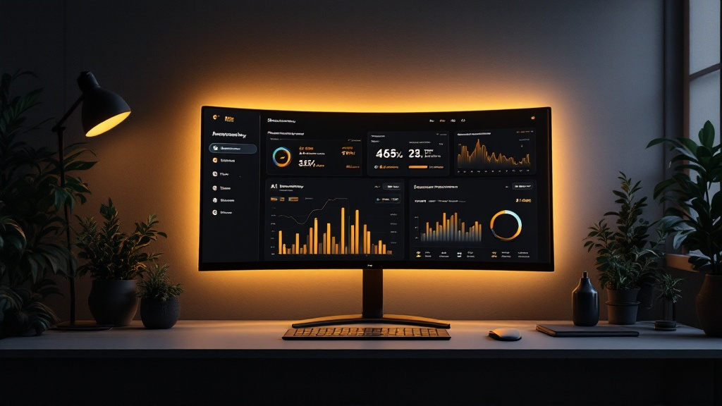 A sleek dark-mode dashboard interface glowing on a large curved monitor in a minimalist studio workspace, showing market opportunity scores, trend graphs and AI research cards with clean sans-serif typography, premium product photography, deep navy and gold colour palette