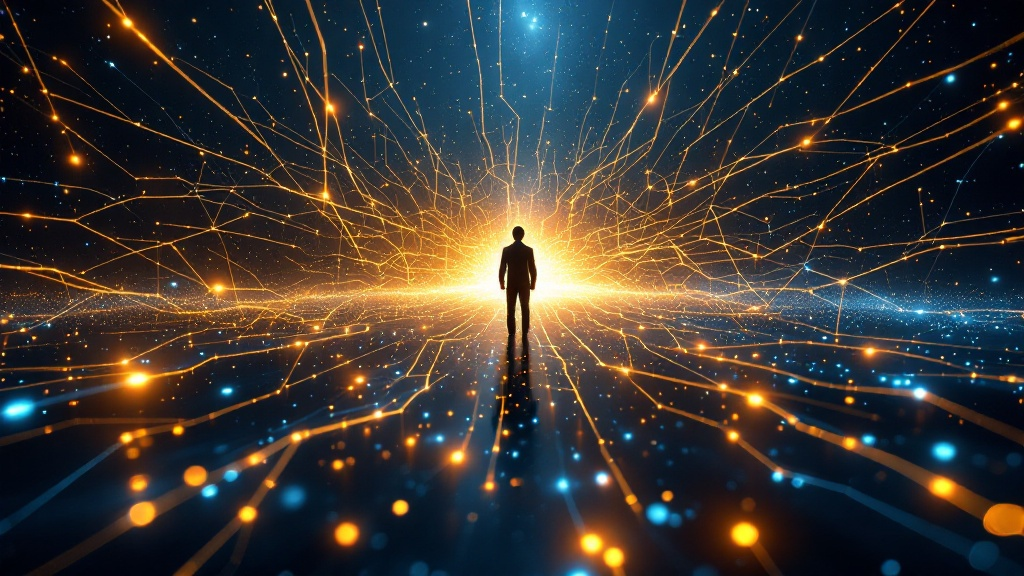 A cinematic wide-angle photograph of a lone human figure standing at the centre of a vast glowing neural network rendered as luminous gold and electric blue lines radiating outward into a dark cosmos, symbolising human intelligence amplified by AI, ultra high detail, dramatic lighting, premium tech aesthetic