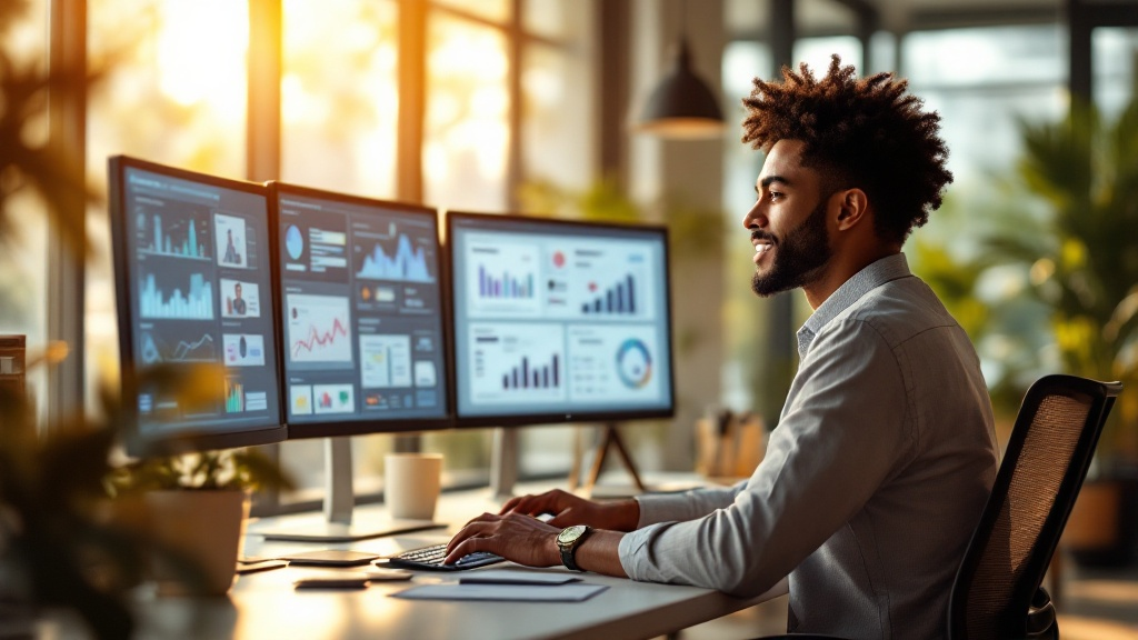 A confident diverse entrepreneur sitting at a bright modern desk with multiple screens showing AI-generated brand assets, research reports and automation workflows, warm natural light flooding through floor-to-ceiling windows in a contemporary office, photorealistic, optimistic and empowering mood, shallow depth of field