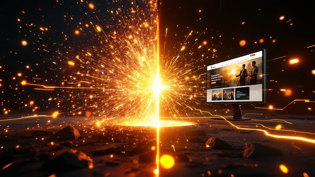 A high-energy split composition showing on the left side a glowing forge with molten metal sparks and on the right side a polished modern website and mobile app appearing on screens, connected by streams of golden light, representing the journey from raw idea to finished digital product, dramatic cinematic lighting, dark background