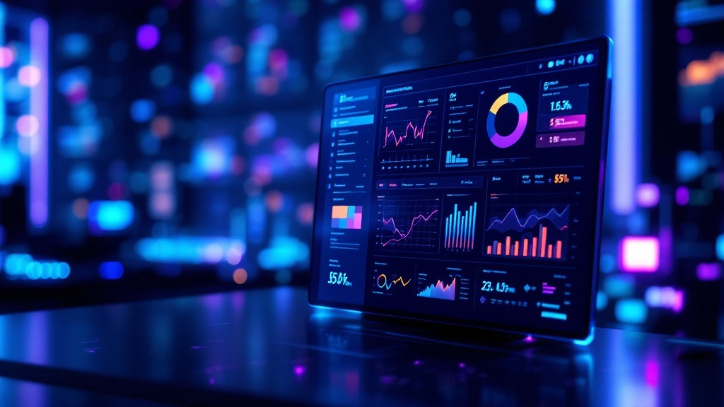 A sleek dark-themed AI dashboard interface glowing with soft blue and violet light, showing intelligent data visualisations and optimization metrics on a high-resolution monitor, cinematic depth of field, ultra-clean modern aesthetic
