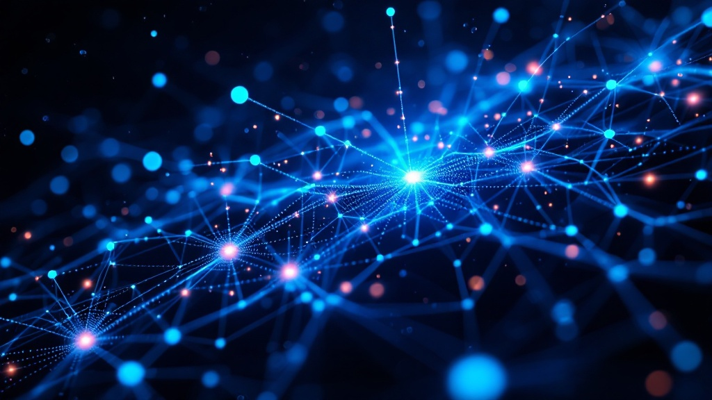 Abstract visualization of a neural network with luminous interconnected nodes flowing in deep navy and electric blue tones, representing artificial intelligence processing data streams, futuristic and professional, photorealistic render